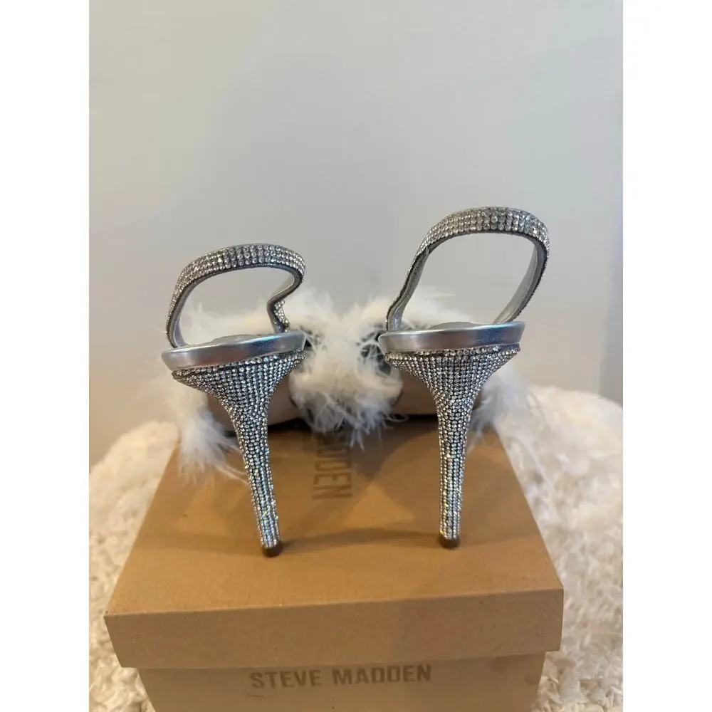 Steve Madden Silver Rhinestone Slingback Pumps with White Feather Trim Size 11 - Picture 4 of 9